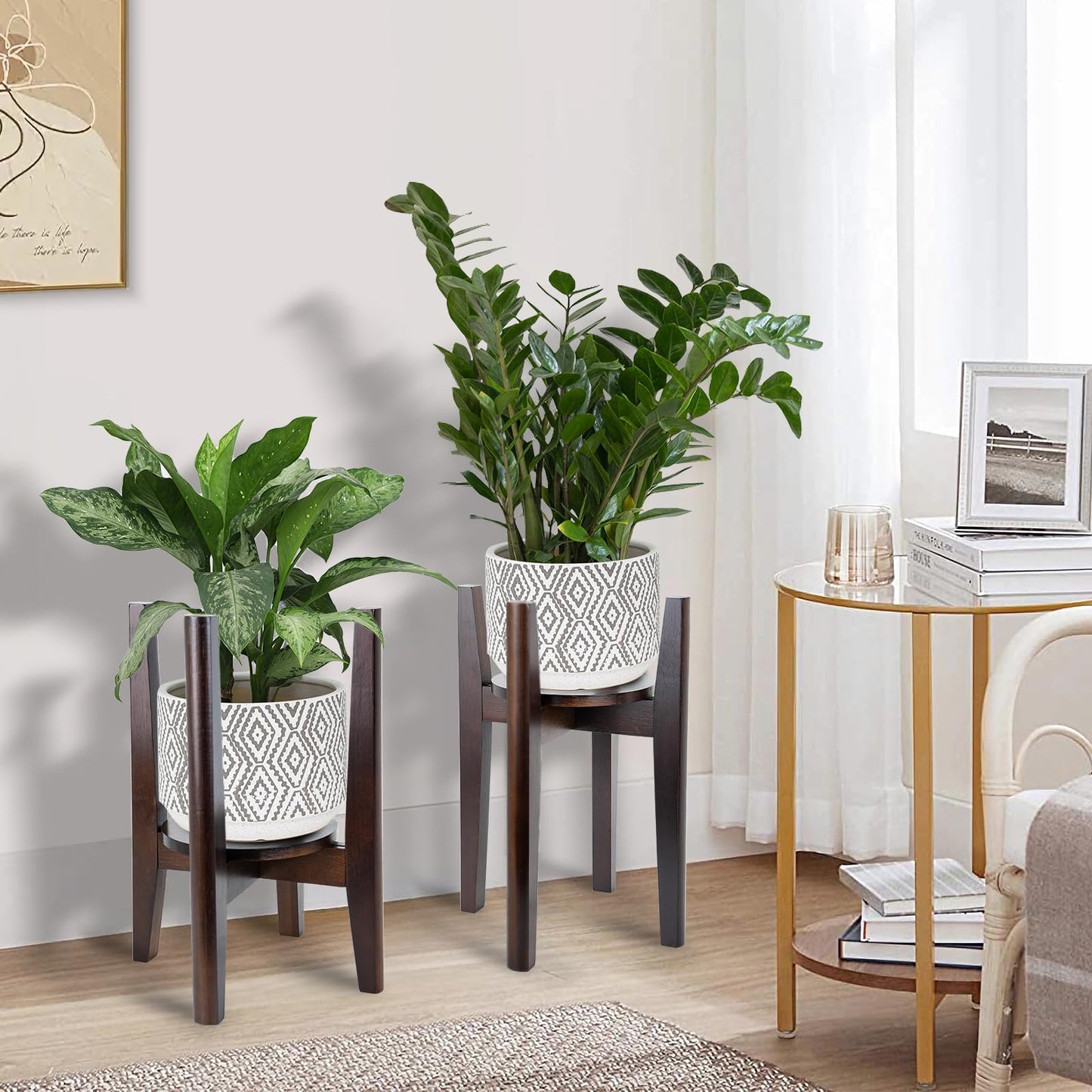ZIOZERTT 2 Packs Adjustable Plant Stand with Tray,Indoor Wood Plant Stand Fit 8'' to 12'' Planter,Mid Century Modern Flower Pot Holder Rack(Plant and Pot Not Included) Walnut