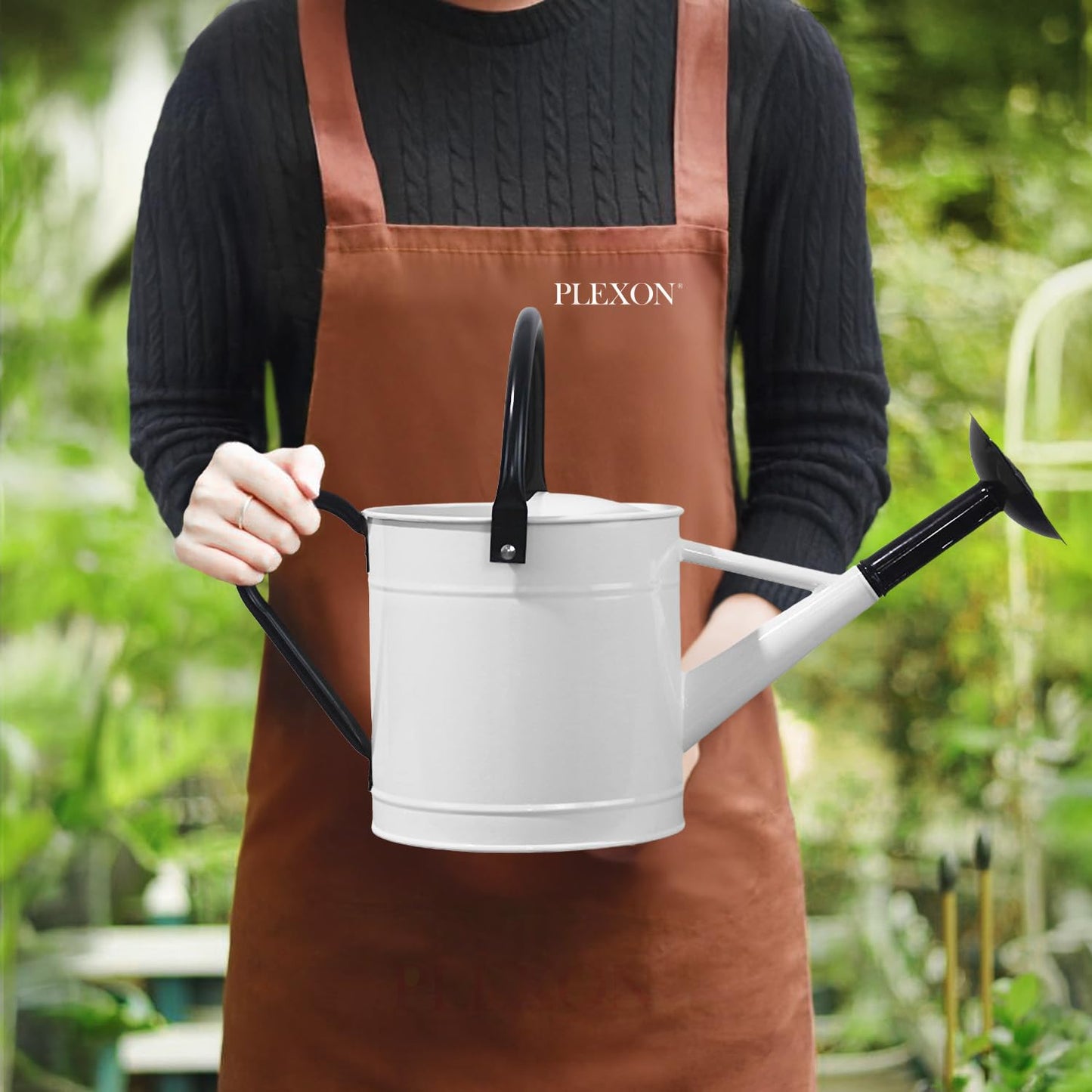Plexon Metal Watering Can Outdoor 1 Gallon, Flower Plant Gardening Garden Large Watering Can Pot, Black Galvanized Steel Handles and Removable Spray Spout, White
