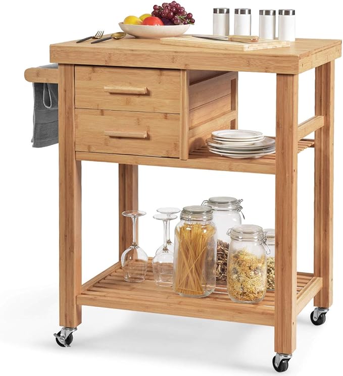 Giantex Kitchen Island, Bamboo Island Cart, Kitchen Trolley Cart on Wheels