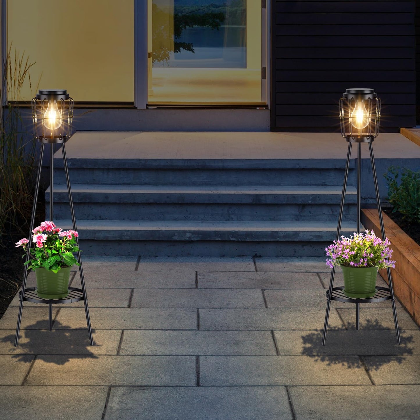 MXwcy Solar Lights Outdoor with LED Edison Bulbs, Solar Floor Lamp with Plant Stands for Garden Yard Pathway Driveway Front/Back Porch Decoration