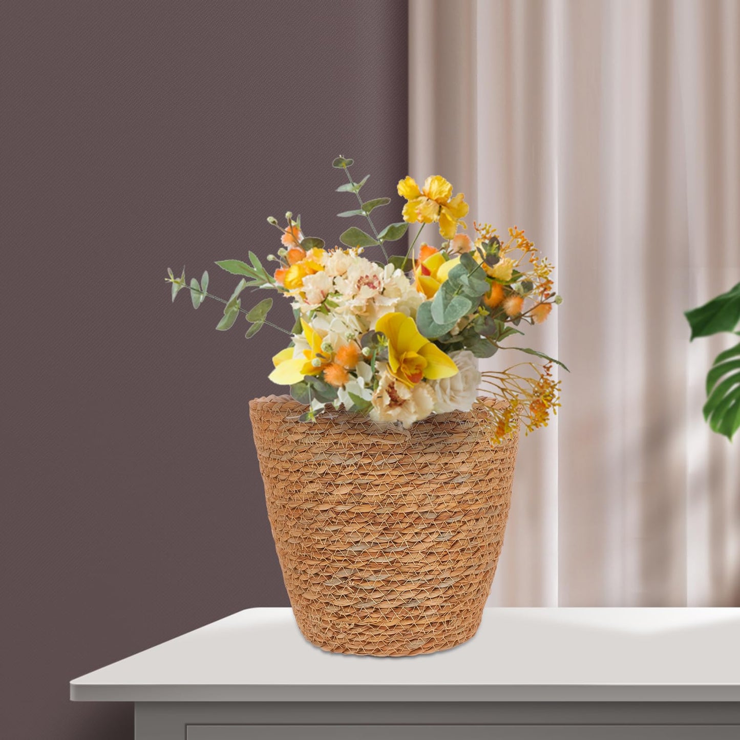 Veemoon 2Pcs Wicker Planter Basket, Rattan Grass Woven Flower Pot Seagrass Planter with Plastic Liner Farmhouse Storage Fruit Bowl Hyacinth Storage Baskets for Plant Flower Fruit Vegetable, 8.65inch H
