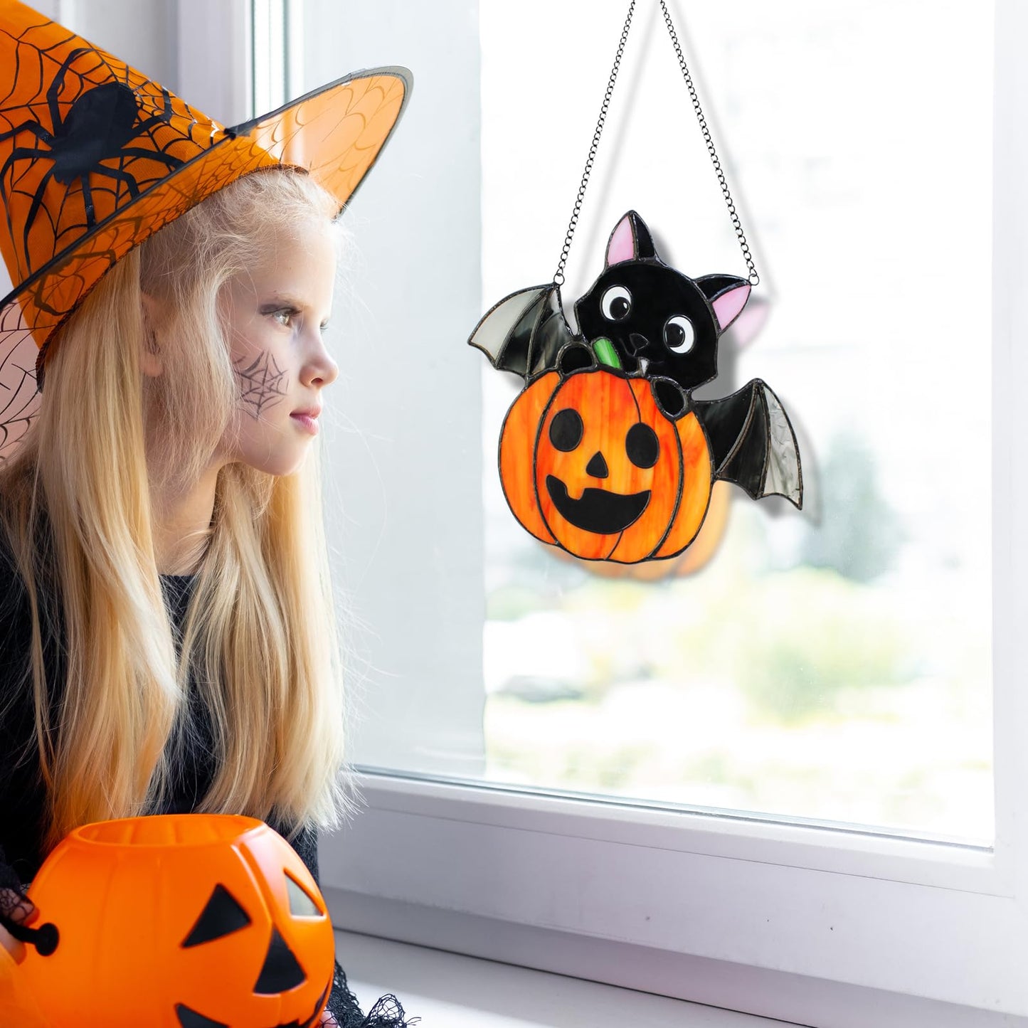JAWNLITY Stained Glass Window Hanging Sun Catcher, Handmade Bat and Pumpkin Suncatcher for Window, Wall Porch Decoration, Cute Cartoon-Style Stained Glass Halloween Christmas Decor Gift