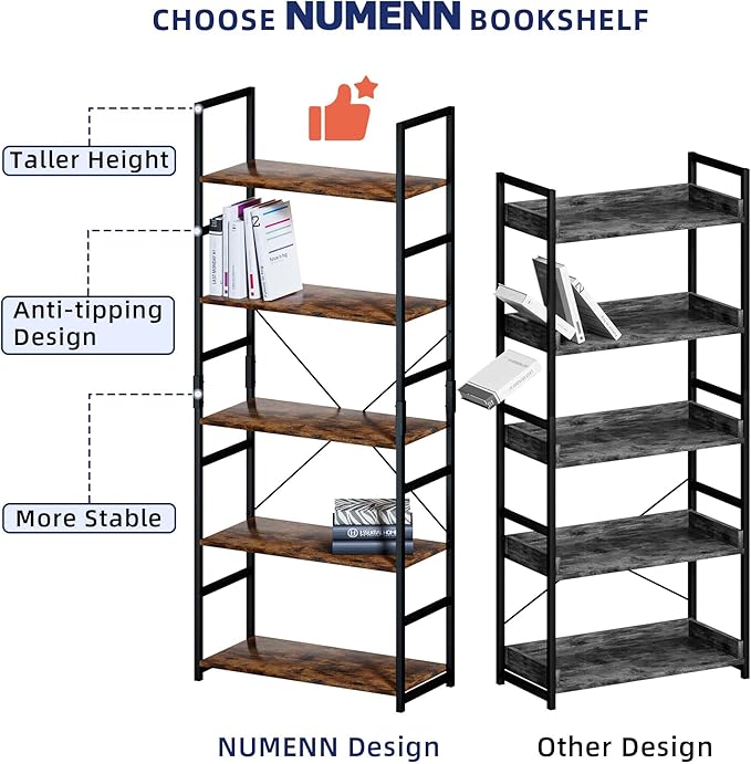 NUMENN 5 Tier Bookshelf, Tall Bookcase Shelf Storage Organizer, Modern Book