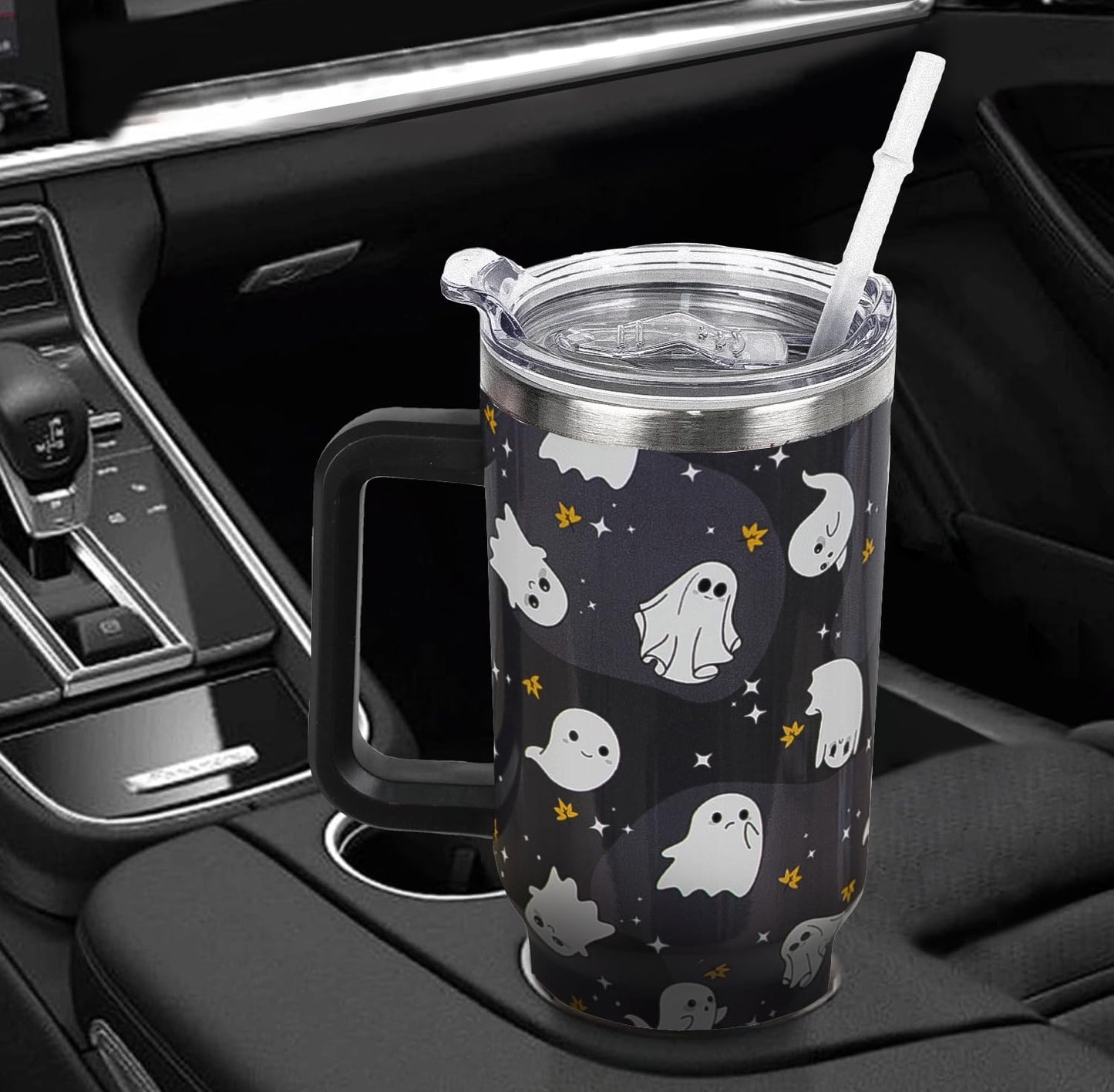 Rcvlauf Halloween Tumbler 40oz Ghost Tumbler Spooky Leak Proof Cups with Handle and Straw Insulated Water Bottle Coffee Travel Mugs for Halloween Decor Gifts for Women Men (1PCS)