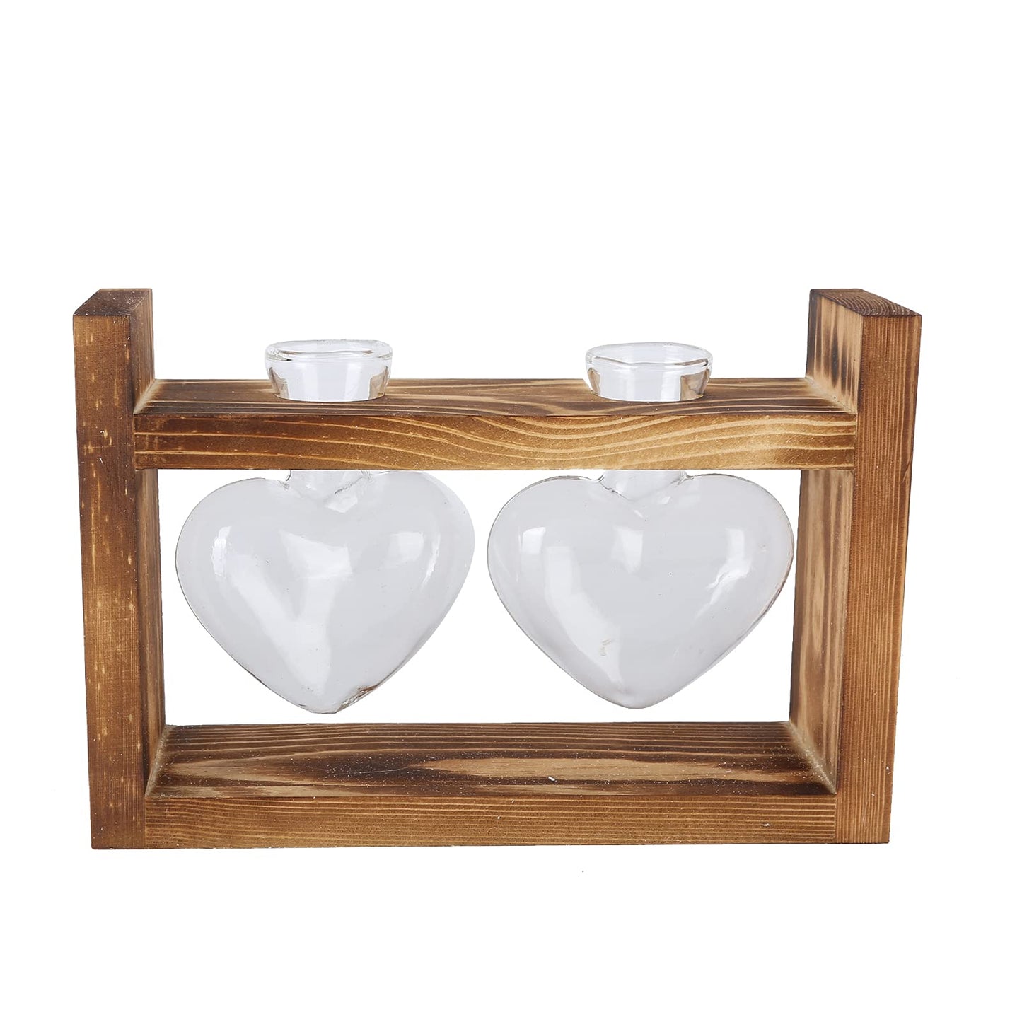 Heart Shaped Glass Hydroponic Vase with Retro Wooden Stand, Plant Propagation Stations with Wooden Stand, Desktop Plant Terrarium for Home Office Desk Decor (Retro Frame + 2 Heart Bottles)