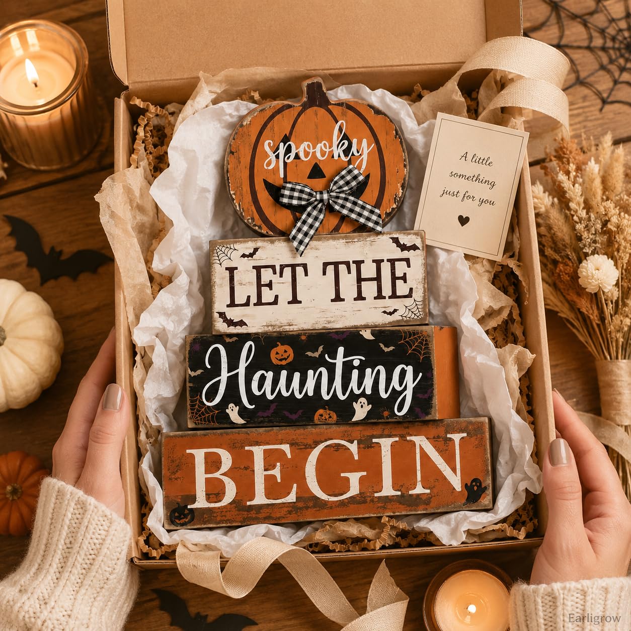 4 Pcs Halloween Table Decorations Pumpkin Bow Tiered Tray Decor Farmhouse Rustic Wooden Block Signs Spooky Halloween tabletop Centerpiece for Home Kitchen Mantel Shelf