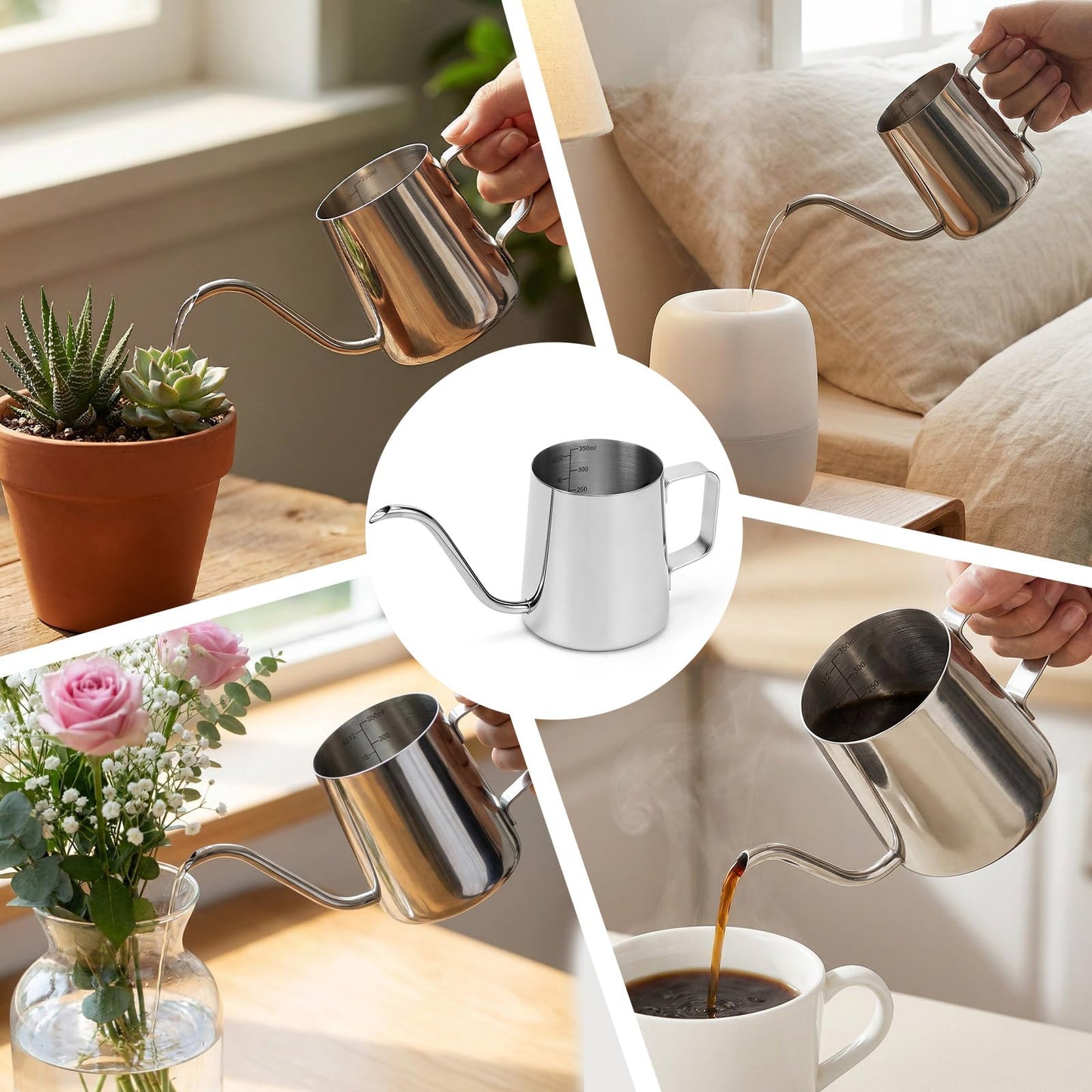 350ml Small Watering Can for Indoor Plants, 12oz Mini Plant Watering Pot with Long Spout and Handle, Silver Tiny Stainless Steel Watering-Can for Outdoor Indoor Plants Flower Garden