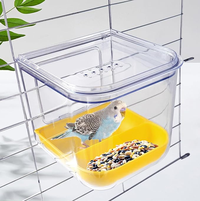 PINVNBY 2 in 1 Bird Bath for Cage,No Mess Parrot Bath Feeder with Hooks Hanging Parakeet Caged Bathing Tubs Multifunction Cube Budgie Shower Box for Canary Cockatiel Lovebird