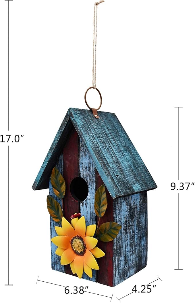 2 Pack Wood Bird House for Outside, Hanging Decorative Bird House Outdoor Garden Patio Yard Rustic Hand-Painted Bluebird Birdhouse Nesting Box for Finch Wren Sparrow Chickadee