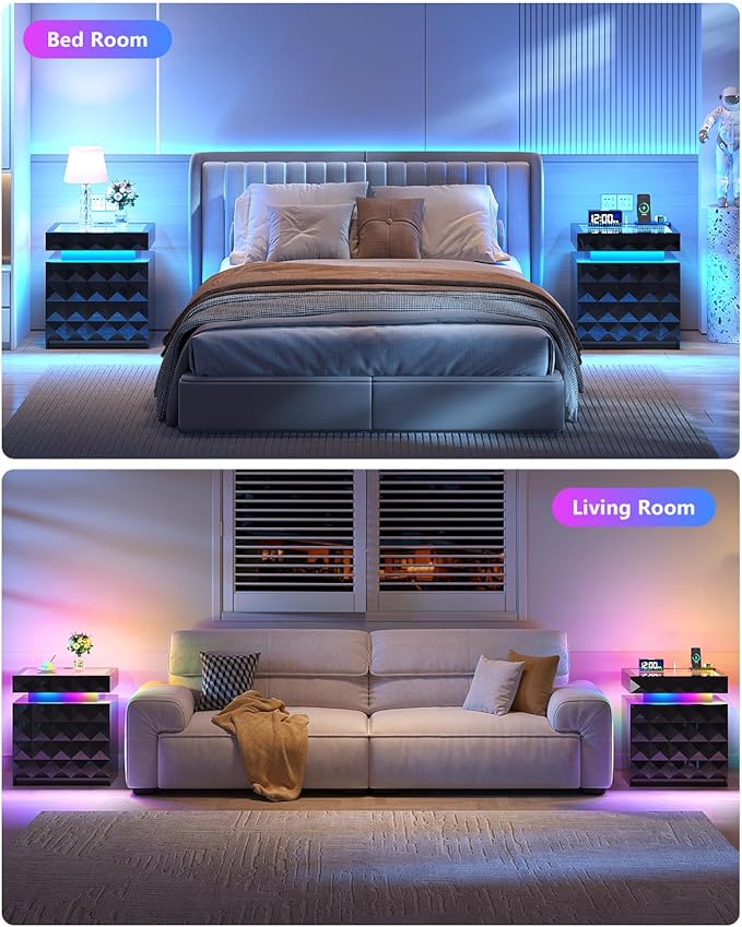 HWB Nightstand with RGB Lights, 3 Drawers Night Stand with Hidden Storage
