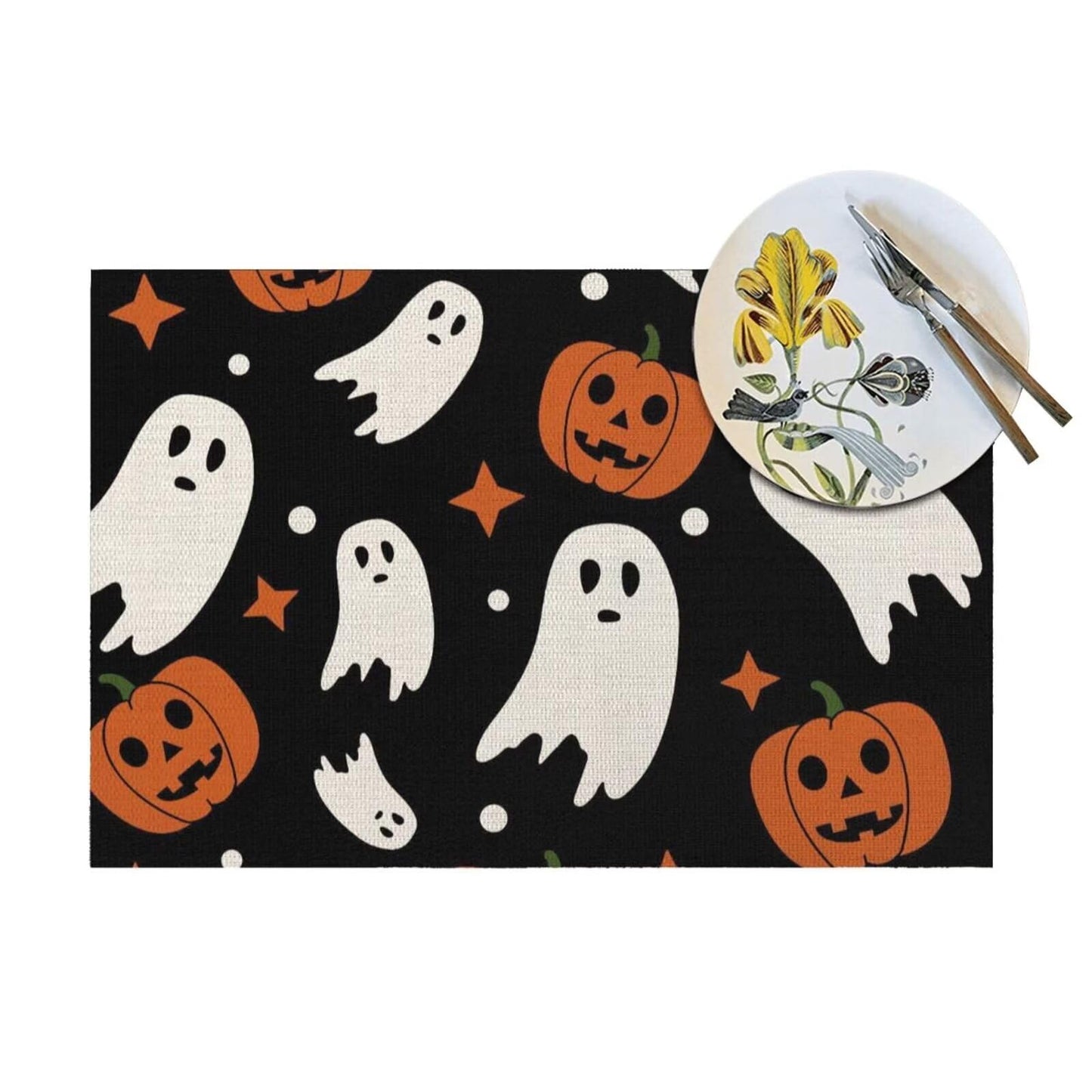 Halloween Orange Pumpkin Placemats 12x18 Inch Set of 4, Black and White Ghost Table Place Mat Autumn Cute Lantern Face Washable Table Mats Decorative Linen Fabric Table Mat for Dining Table