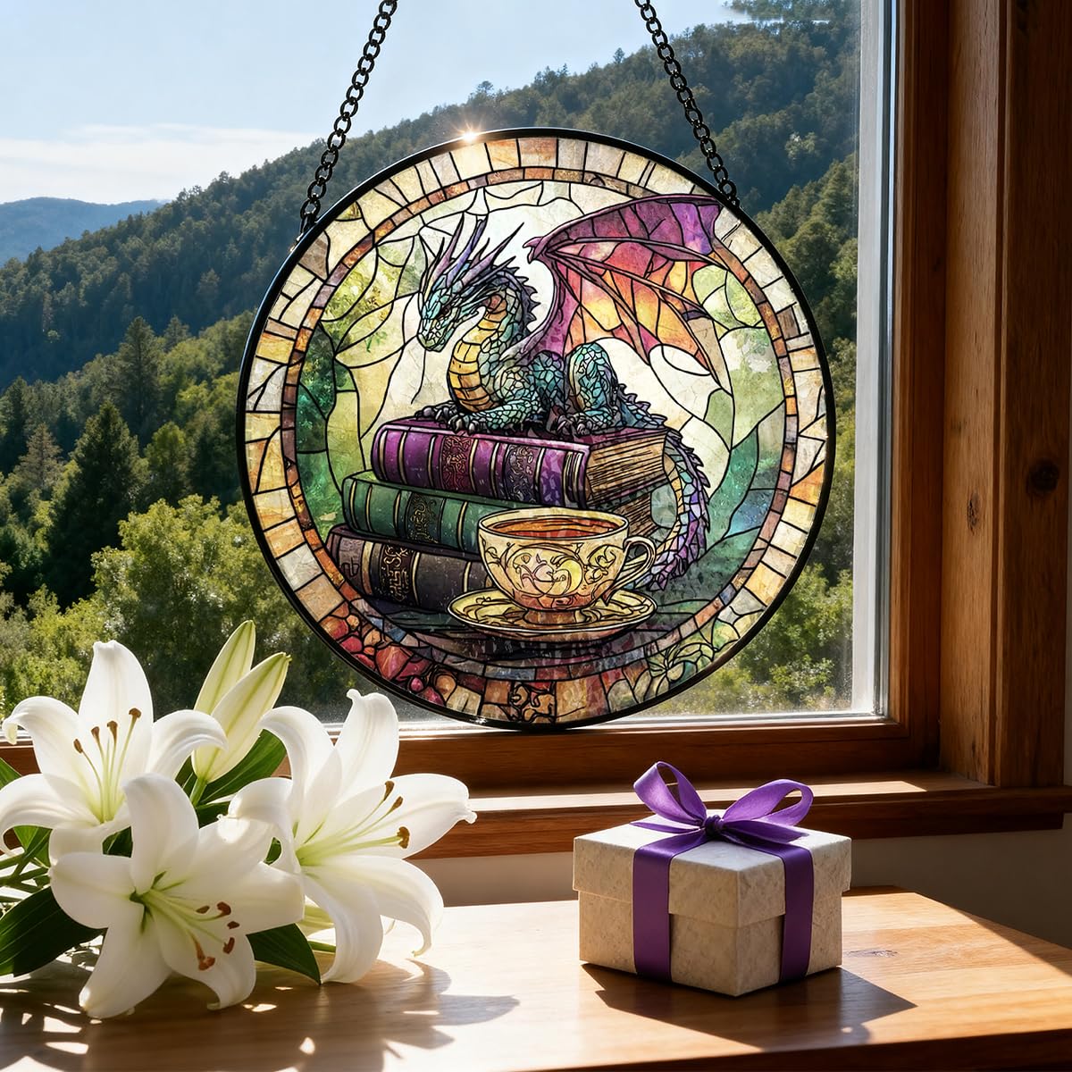 Dragon Decorative Stained Glass Sun Catcher - 7.87 Inch Bookshelf Decoration, Stained Glass Window Hanging Decoration, for Fantasy Lovers, Fantasy Gift for Friends, Family, Classmates