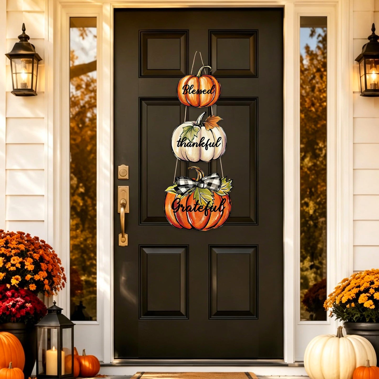 AnyDesign Fall Wooden Hanging Door Sign Thanksgiving Party Decoration Rustic Pumpkin Wood Plaque Ornament Pre-Assembled with DIY Bow Leaves for Autumn Front Door Wreath Porch