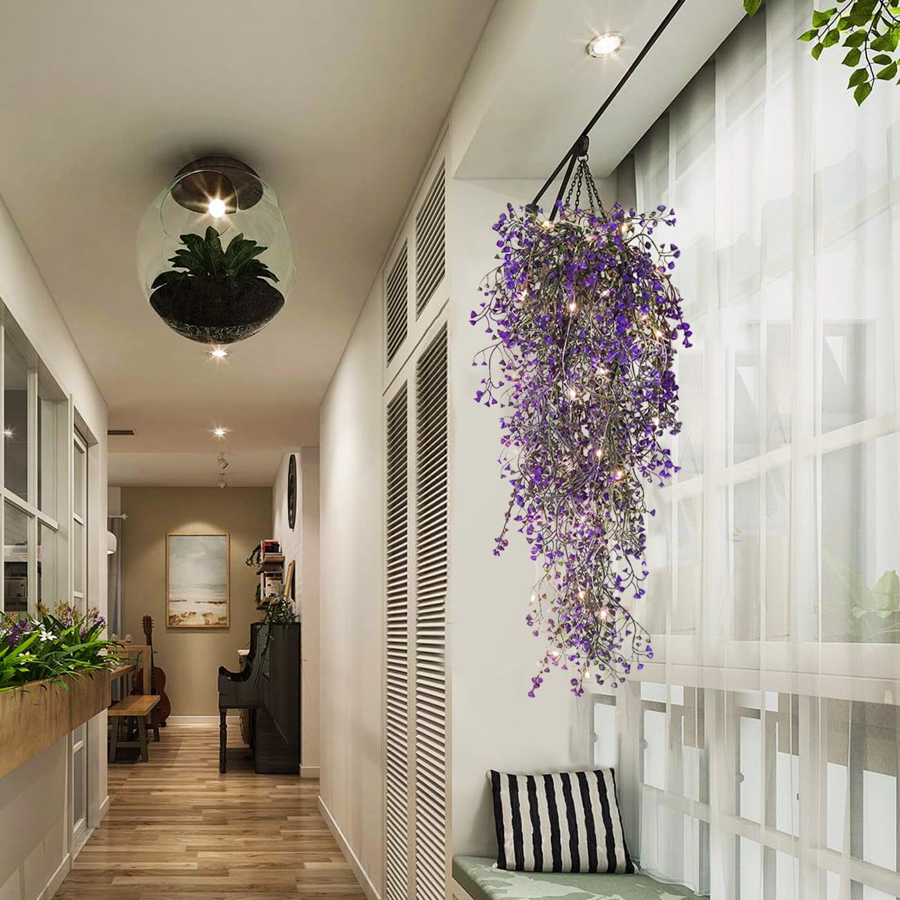 RECUTMS Artificial Hanging Plant 4 Pack Fake Fern with LED Lights Ivy Vines 2.5ft Faux Hanging Greenery Vine for Home Garden Wall Office Wedding Party Decoration (Purple)