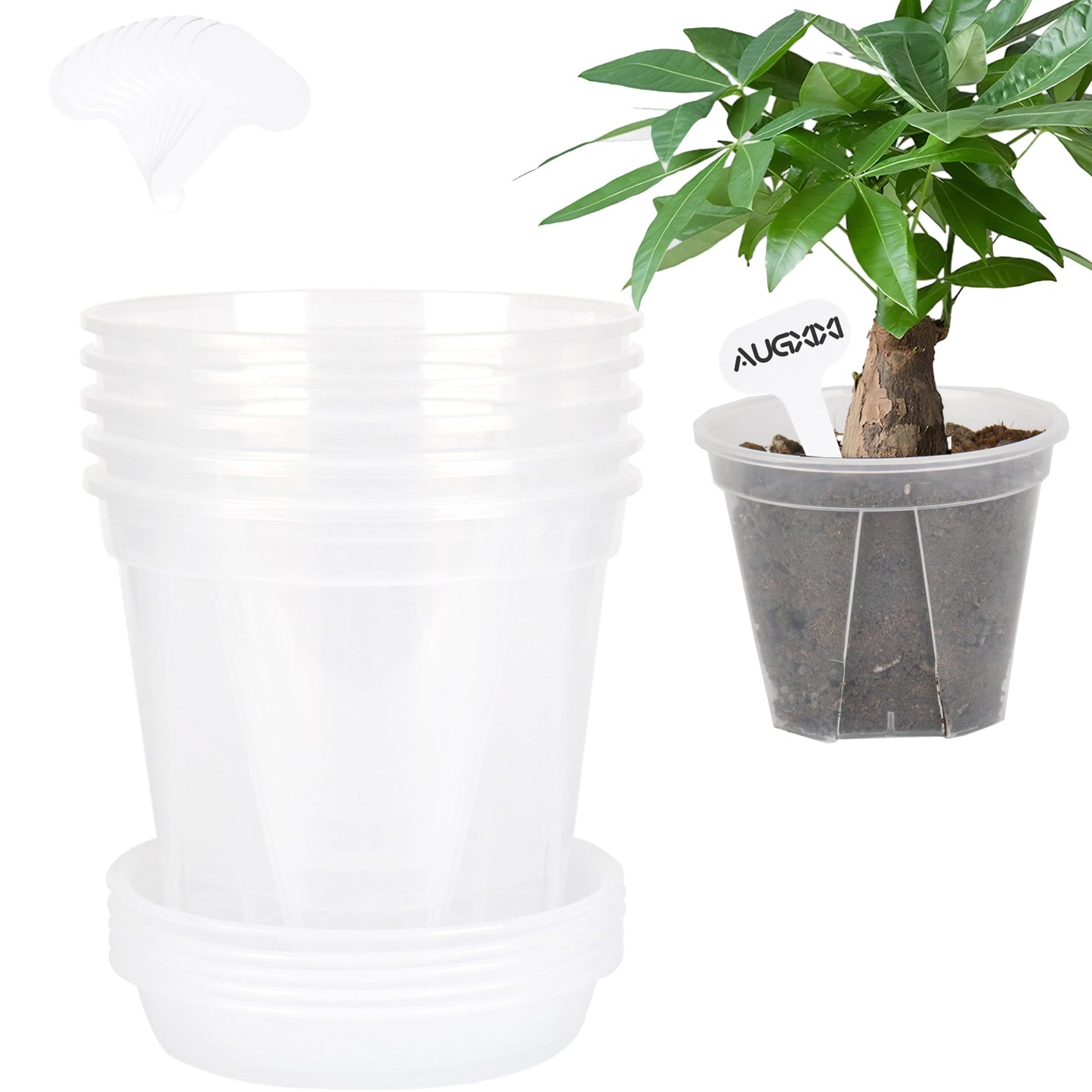 AUGXIXI 5 Set 7 Inch Transparent Plastic Garden Pots with Saucer - Planter with Drainage Hole for Indoor and Outdoor Plants - Includes 10 Plant Labels