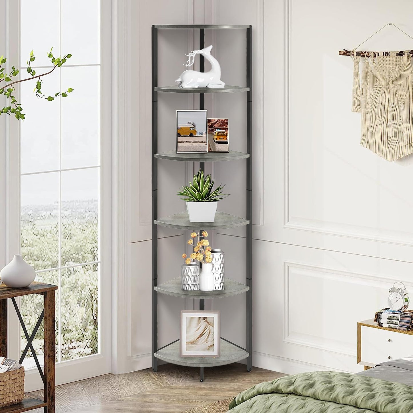 IRCPEN 6 Tier Corner Shelf 63.1" Tall Corner Shelves Stand Ladder Shelf Metal Standing Bookshelf Organizer Display Rack Bookcase Plant Stand Industrial Rustic for Living Room Bedroom Oak CS-001GR