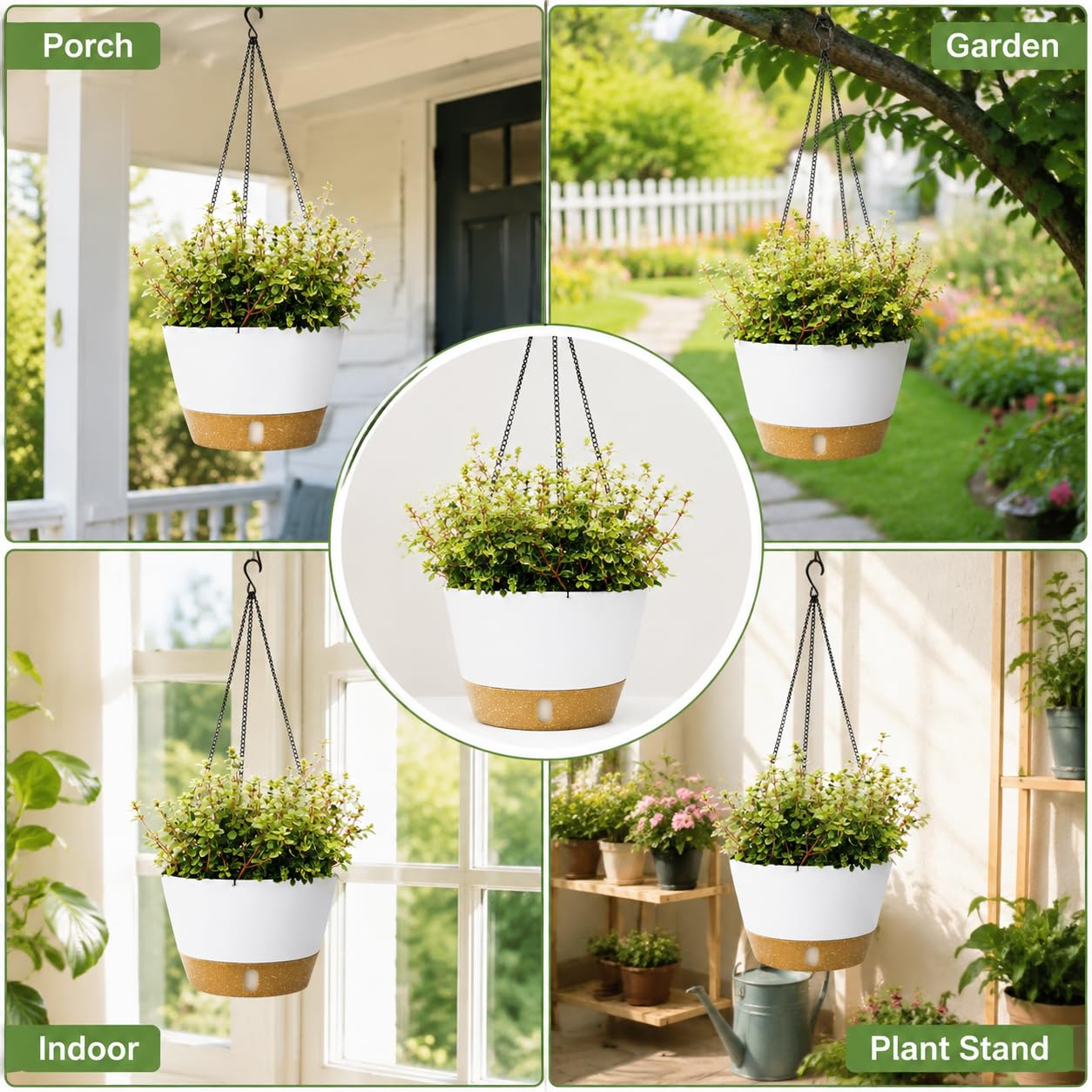 QCQHDU 2 Pack 8 Inch Hanging Planters for Indoor Outdoor Plants, Hanging Baskets Flower Pots with Reservoir Tray & Visible Water-Level