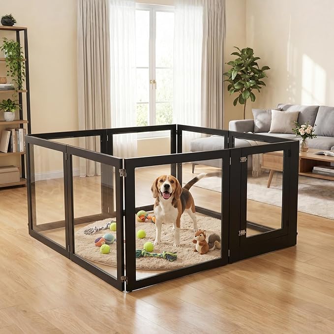 Heavy Duty Clear Acrylic Dog Playpen for Small/Medium Pets ā 32" High Clear Pet Pen with Sturdy Metal Frame, Walk-in Kennel, Expandable Indoor & Outdoor Pet Play Yard (Black, 8 Panels Including Door)