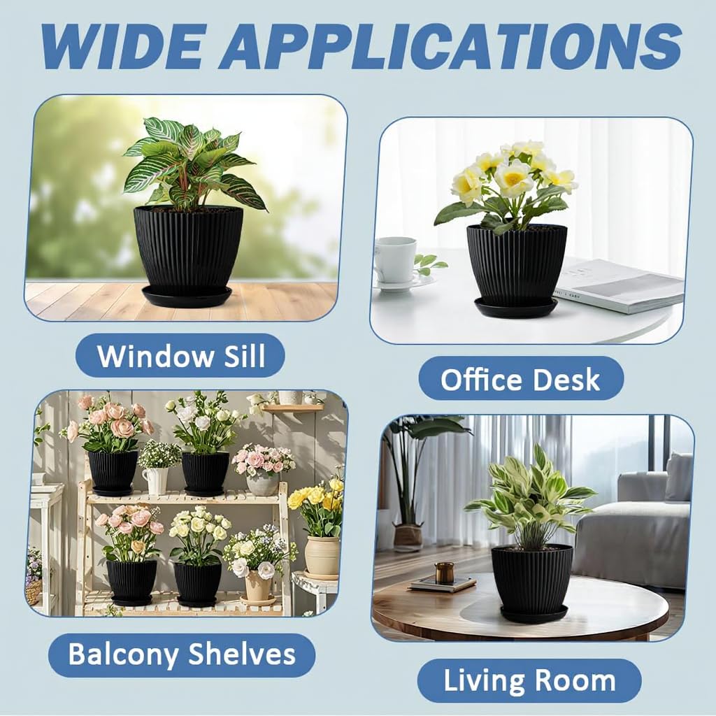 RooTrimmer 7.5 Inch Black Thickened Plastic Plant Pots with Saucers, 6-Pack Modern Seedling Planters for Indoor Outdoor Plants, Durable Heavy-Duty PP Material for Herbs Flowers Vegetables (<8 inch)