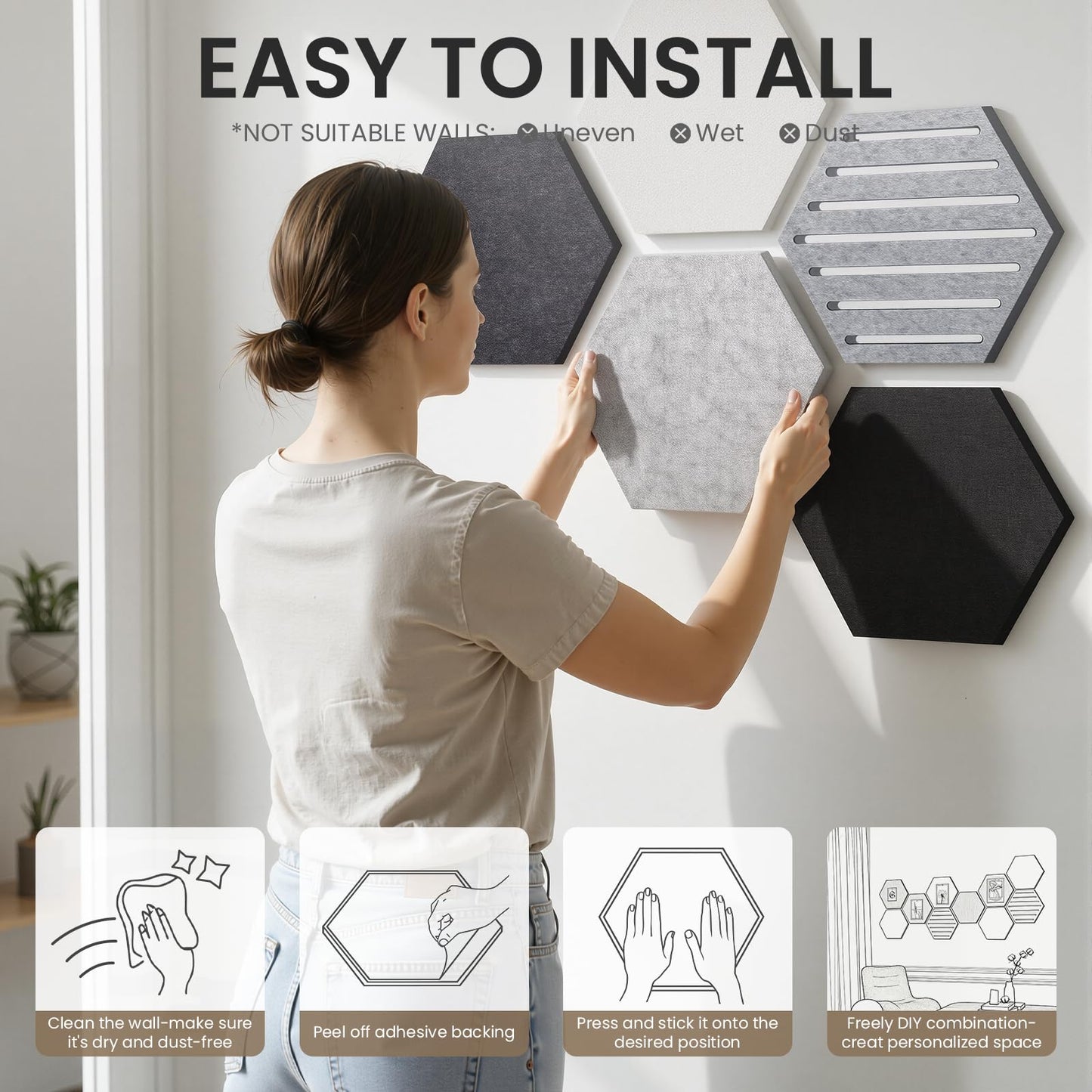 Hexagon Cork Bulletin Board Tiles, 10 Pack Felt Board with 25 Push Pins, Photo Display Board for Office & Home Classroom Wall Decor, 11.8x10.2 Inches