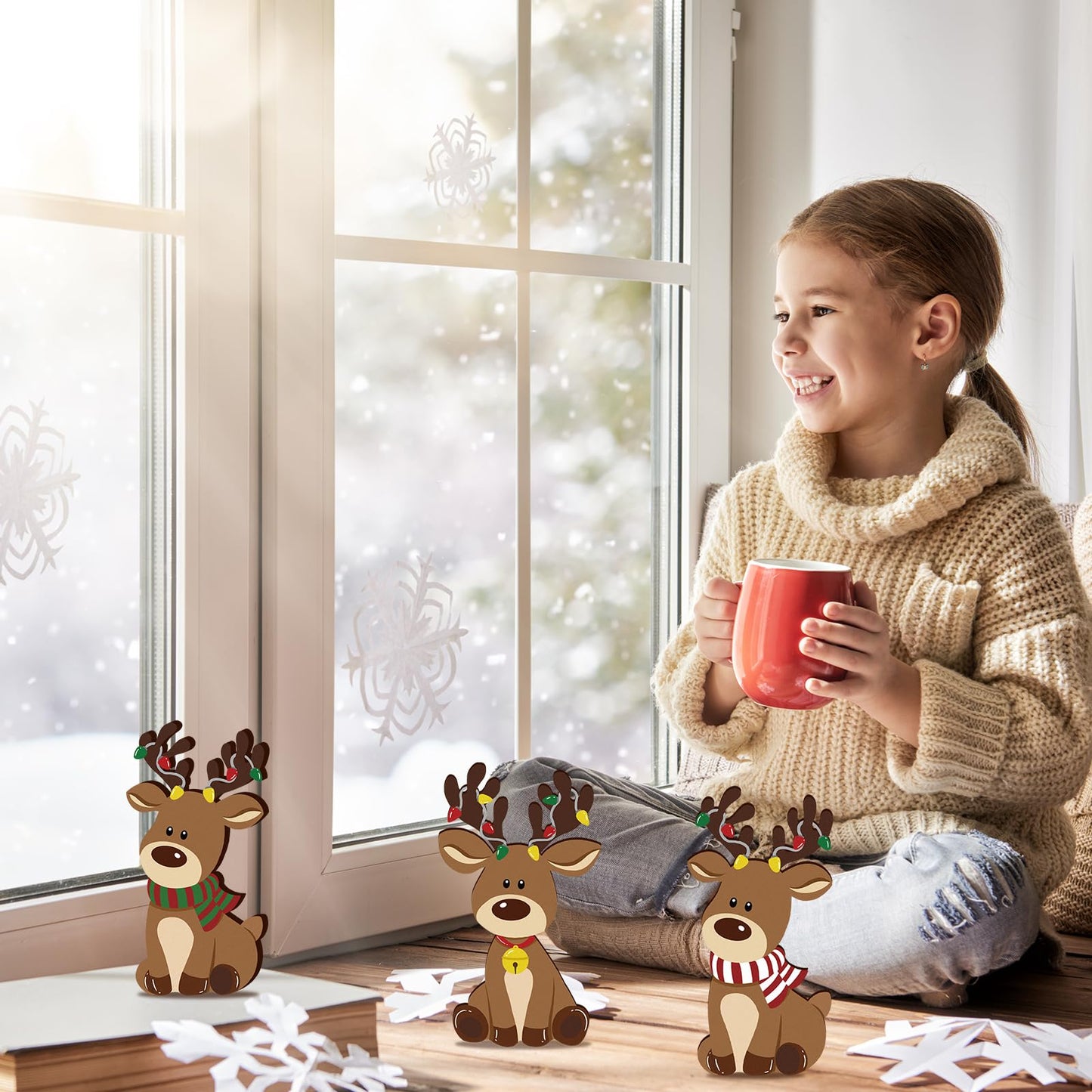 FYSUIMU 3 Pcs Christmas Wooden Signs Xmas Reindeer Wood Tabletop Signs Elk Desktop Centerpieces for Farmhouse Home Tiered Tray Shelf Cabinet Table Decor