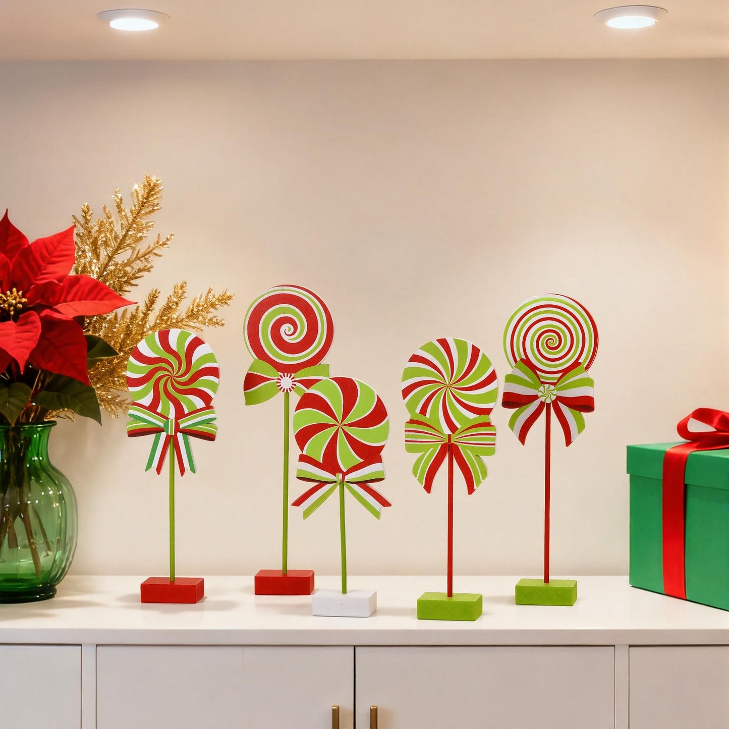 Amyhill 6 Pcs Christmas Candy Wooden Tabletop Decor Candy Cane Tall Standing Wooden Block Xmas Cane Table Centerpiece Sign for Christmas Tiered Tray Home Desk Office Party Decoration