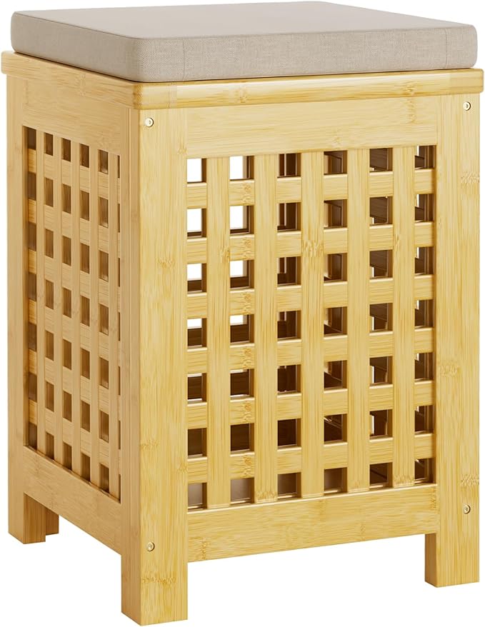 Bamboo End Table with Removable Cushion and Hidden Storage, 2-in-1 Ottoman Side