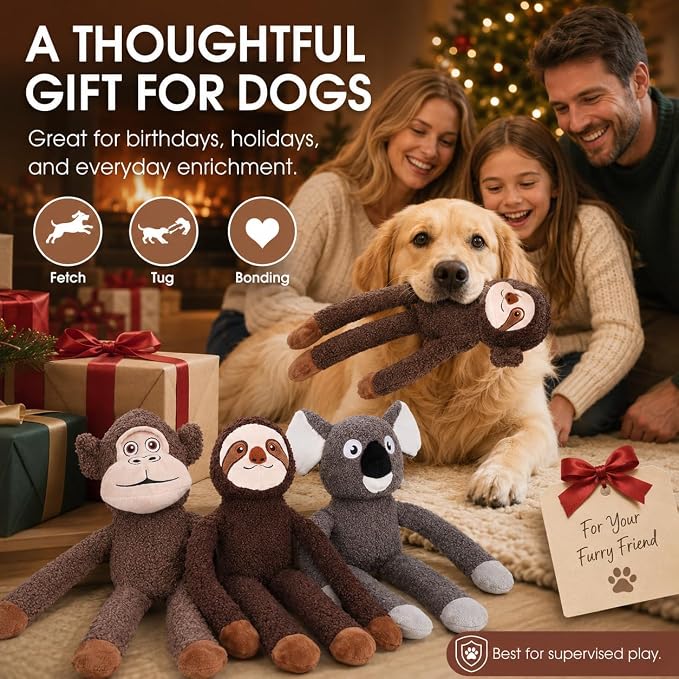 No Stuffing Dog Toys, 3-Pack Squeaky Crinkle Set | 3-pack stuffing-free plush dog toys with squeakers and crinkle sound for supervised indoor play, fetch, tug, and teething