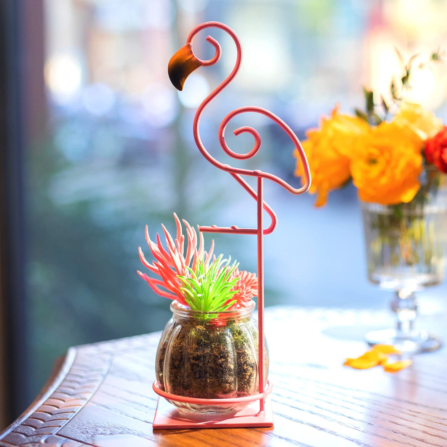 Joyathome Desktop Glass Planter Vase Holder, esktop Glass Planter Hydroponics Vase,Metal Flamingo Plant Terrarium, Stand for Plants Creative Decorations for Home Patio Lawn Garden