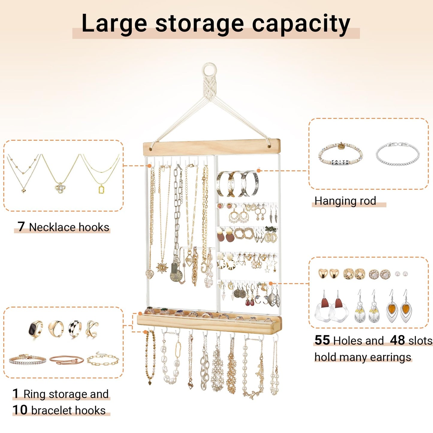 Mkono Key Holder for Wall Decorative Small Macrame Key Holder Boho Home Decor and Hanging Jewelry Organizer Wall Mounted Metal Necklace Holder Wood Shelf with 55 Holes and 7 Hooks Display Rack