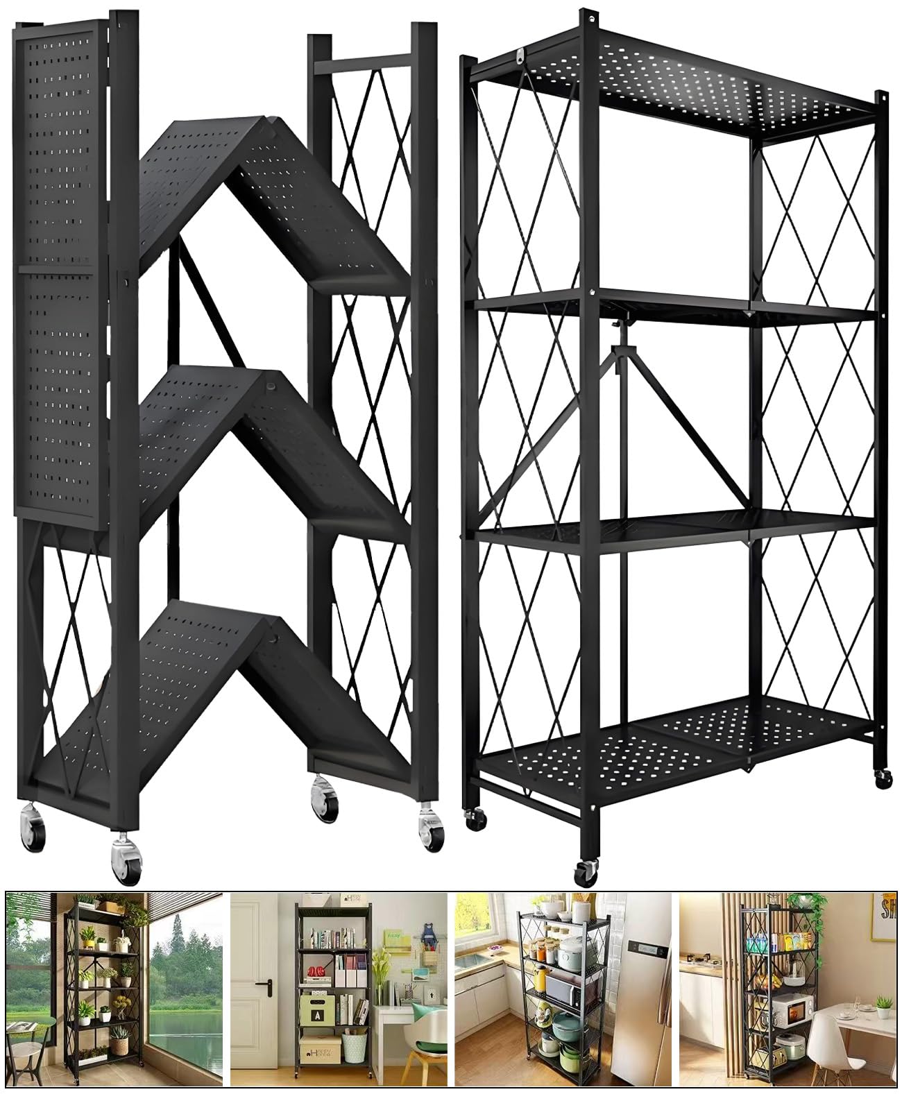 Kitchen Garage Metal Shelves, Storage Shelves Organizer, Foldable Metal Shelving, Closet Shelving Unit, 28" W x 14" D x 50" H Bakers Rack Microwave Stand, Plant Stand with Wheels (4-Tier Shelf)
