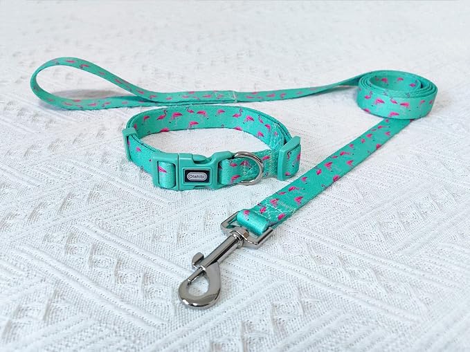 Dog Collar Leash Set, Flamingo Pattern, Polyester Material, Adjustable Collar and 5ft Matching Leash, for Medium Dogs.(M, Green Flamingo)