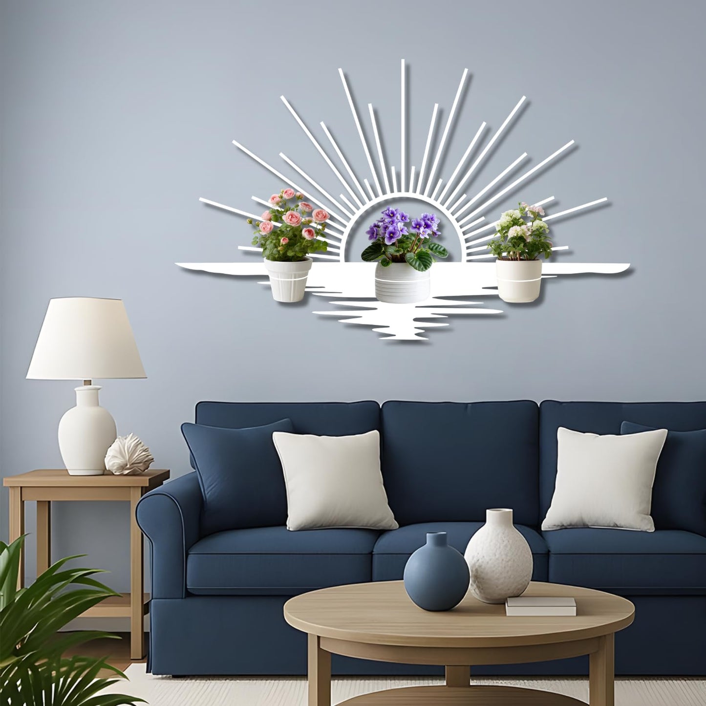 Glethua Sunrise Metal Wall Mount Plant Holder, Sun Wall Plant Holder, Sunshine Metal Hanging Planter for Living Room, Kitchen, Bathroom (Gold, 59"x 35"| 150x89cm, 4 Pack 4" Flower Pot Holder Ring)