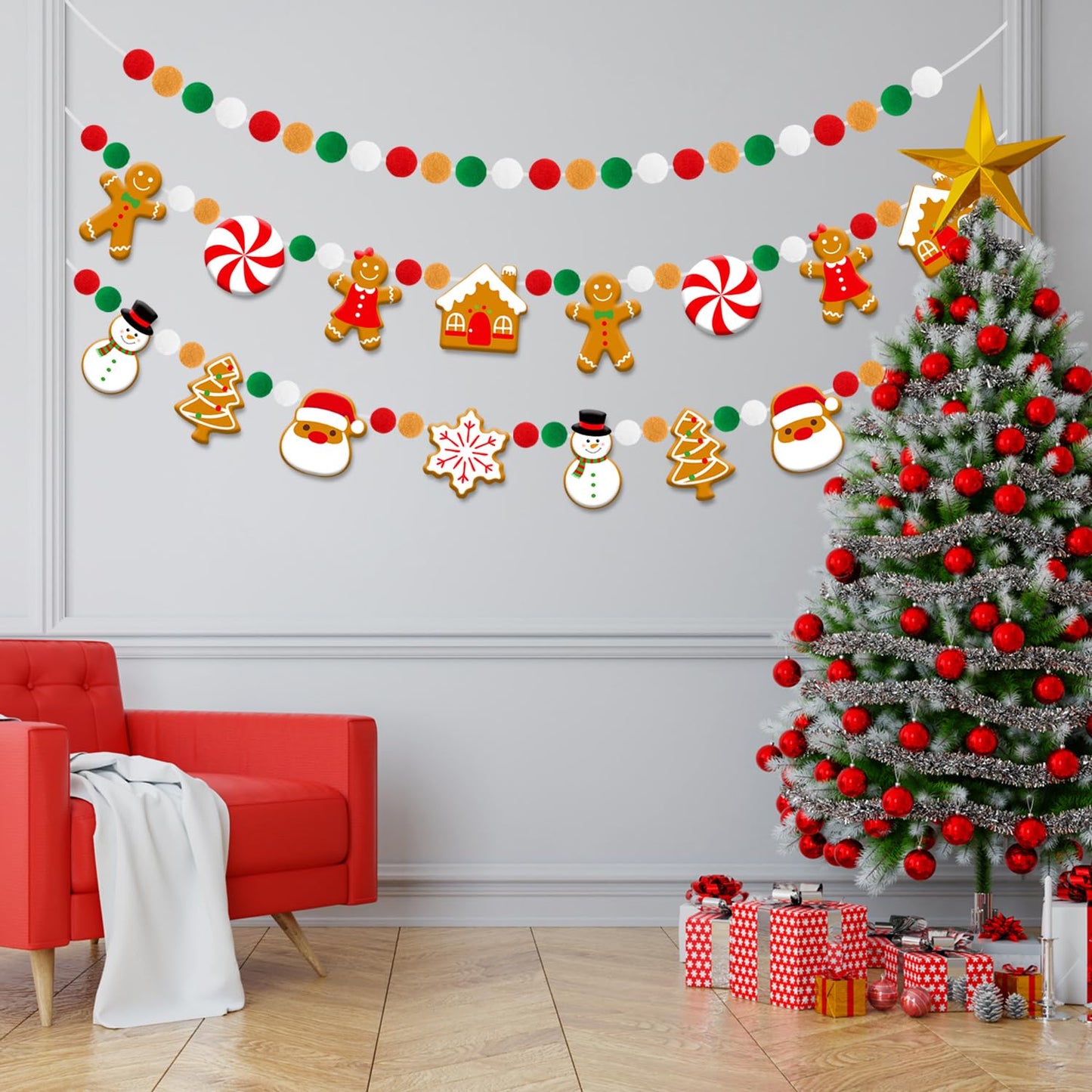 Doumeny 3Pcs Christmas Felt Ball Banner Xmas Gingerbread Man Candy House Garland Banner Christmas Tree Santa Claus Snowflake Snowman Garland Bunting Xmas Hanging Bunting for Holiday Mantel Home Decor