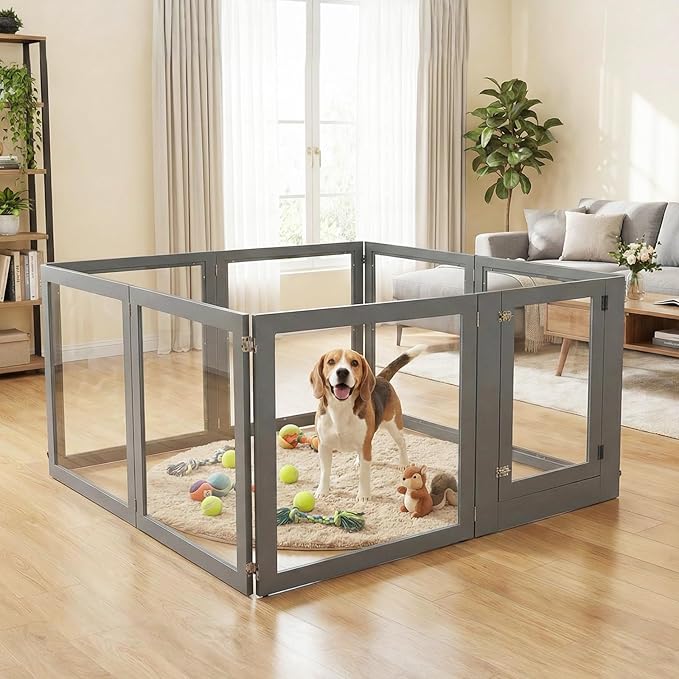 Heavy Duty Clear Acrylic Dog Playpen for Small/Medium Pets ā 32" High Clear Pet Pen with Sturdy Metal Frame, Walk-in Kennel, Expandable Indoor & Outdoor Pet Play Yard (Grey, 8 Panels Including Door)