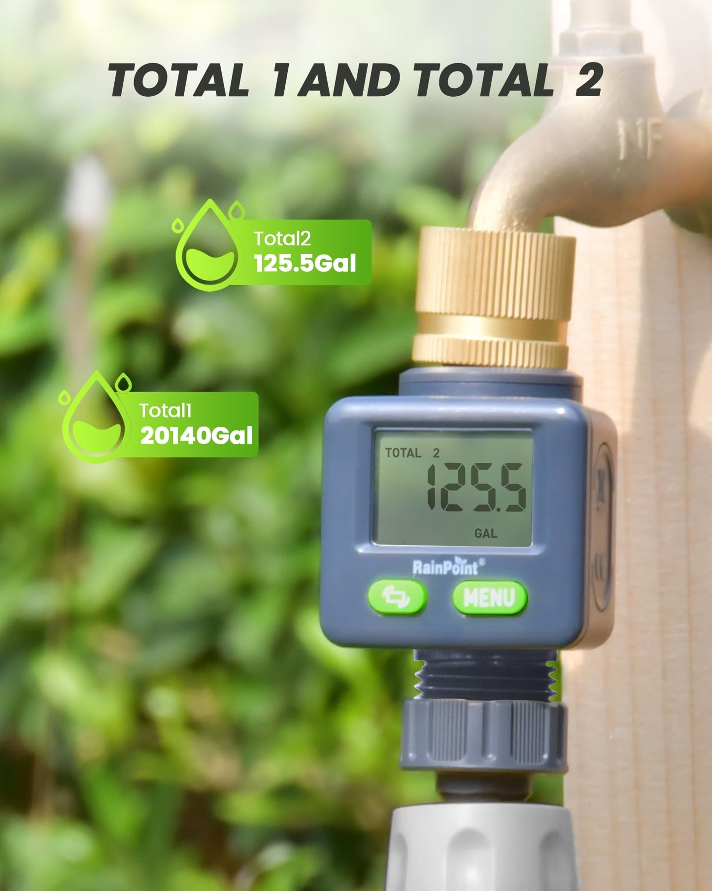 Rainpoint Water Flow Meter with Brass Inlet, 180°Screen-Flip Garden Hose Flow Meter, Measure up to 9999.9 Gallon/Liter Consumption & Flow Rate for RV, Garden Hose, Sprinkler & Nozzle Sprayer