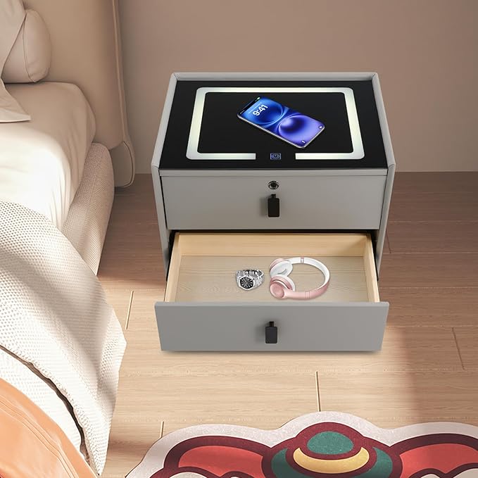 Smart Nightstand w/Fingerprint Lock Drawers, Smart Bedside Table w/USB Charging