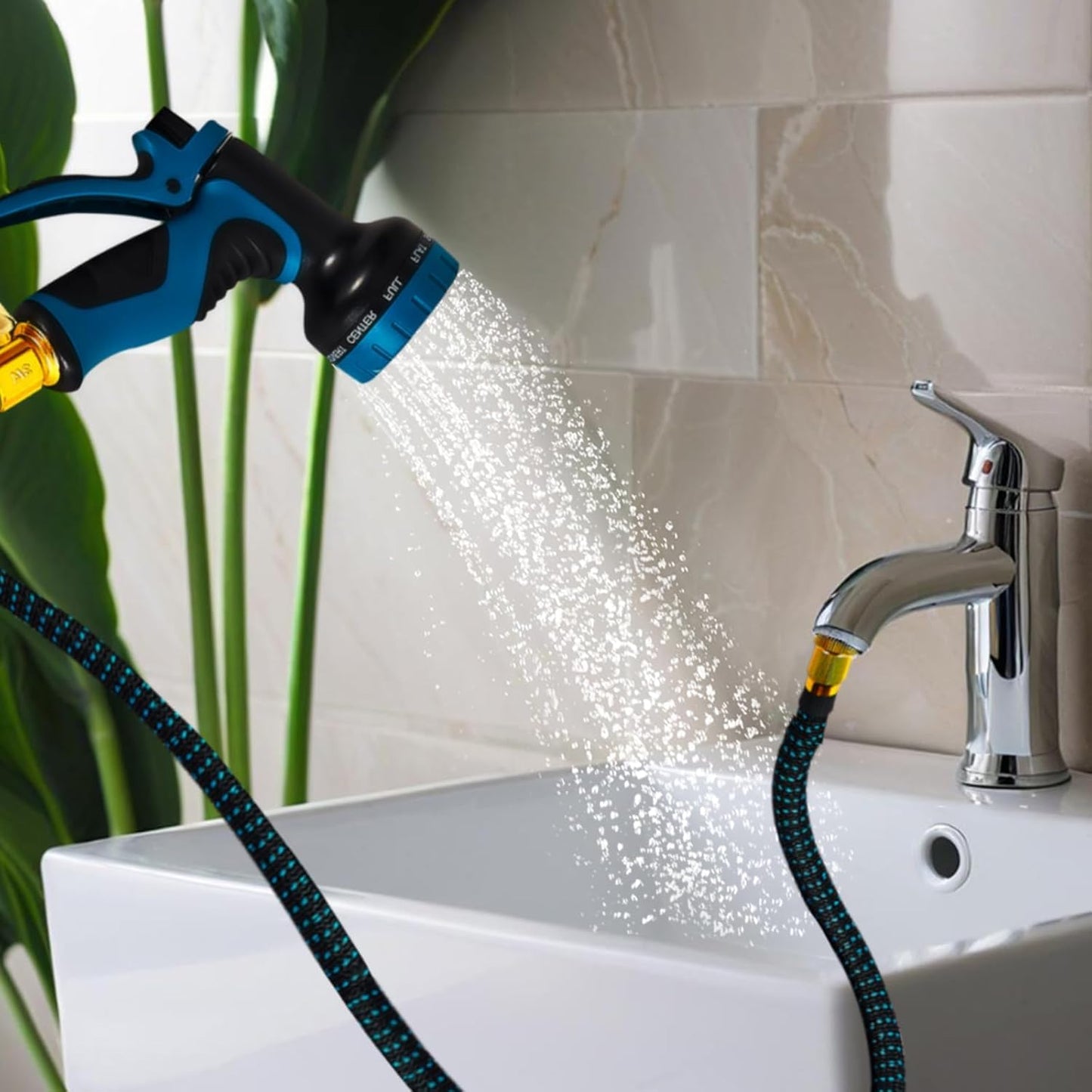 Lotoo Sink Hose Attachment for Faucet with 7 Adapters, 100 FT Indoor Faucet Hose for Kitchen Sink or Bathroom Sink Faucet with 10-Function Nozzle, Watering, Washing Pet, Household Cleaning Car Washing
