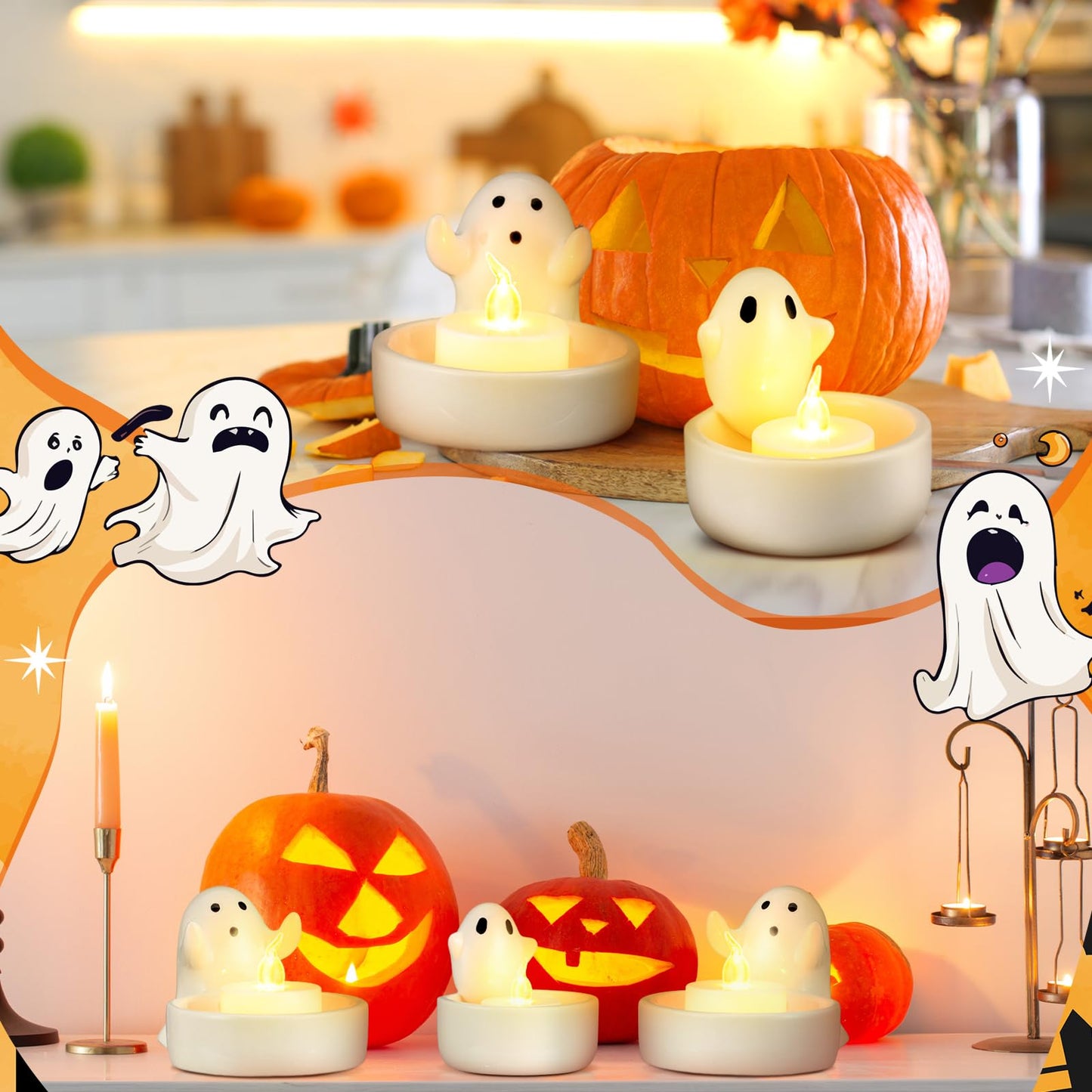 Teenyyou 2 Pack Halloween Ghost Candle Holder Cute Ceramic Ghost Tea Light Candle Holders Halloween Party Decor Favor, Home Table Centerpiece Small Holders for Tea Light