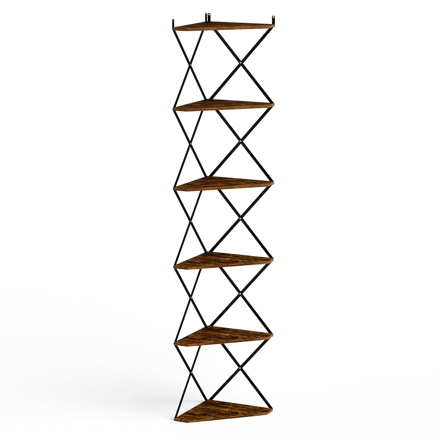 IRCPEN 6 Tier Wall Mounted Corner Shelf Stand, Industrial Corner Bookshelf with X Metal Frame, Tall Standing Shelf Organizer, Bookcase, Plant Stand for Living Room, Bedroom Rustic Brown CS-006RB