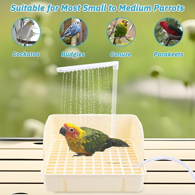 Automatic Bird Bath Fountain with Anti-Bite Cord Protector, Large Parrot Bathtub with Running Water Faucet, USB Electric Bird Shower for Parakeet, Cockatiel, Conure, African Grey, Lovebirds (Beige)