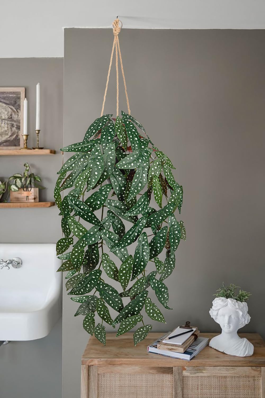 Large Fake Hanging Plants in Pot with Hook, 37" Artificial Hanging Begonia Vines Plants, Fake Potted Tropical Plants for Room Wall Living Room Bathroom Kitchen, Big Faux Ivy Houseplants for Shelf