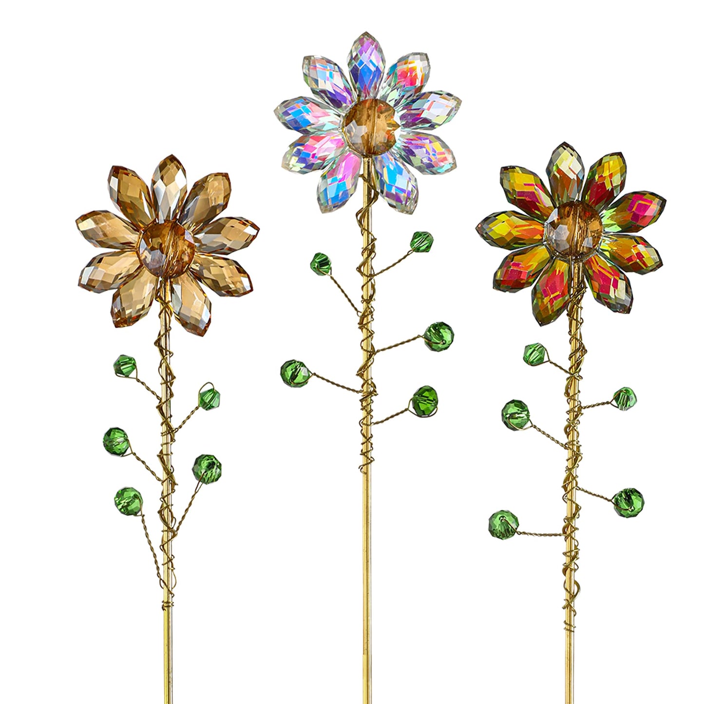 H&D HYALINE & DORA 3 Pcs Crystal Sunflower Suncatchers with 13'' Gold Trellis Metal Plant Stake for Indoor Outdoor Garden Potted Plants Decorations Plant Lover Gift(Ab, Red, Amber)