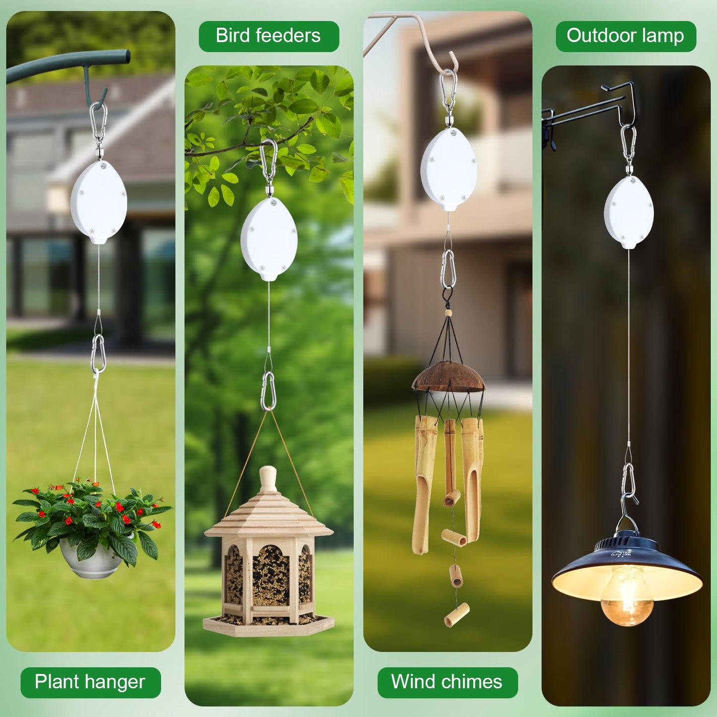 Heavy Duty Retractable Plant Hangers, Adjustable Pull-Down Pulleys with 63" Stainless Steel Rope, Double Hooks for Hanging Plants, Bird Feeders, Planters & Pots, Indoor & Outdoor Use (4Pcs- White)