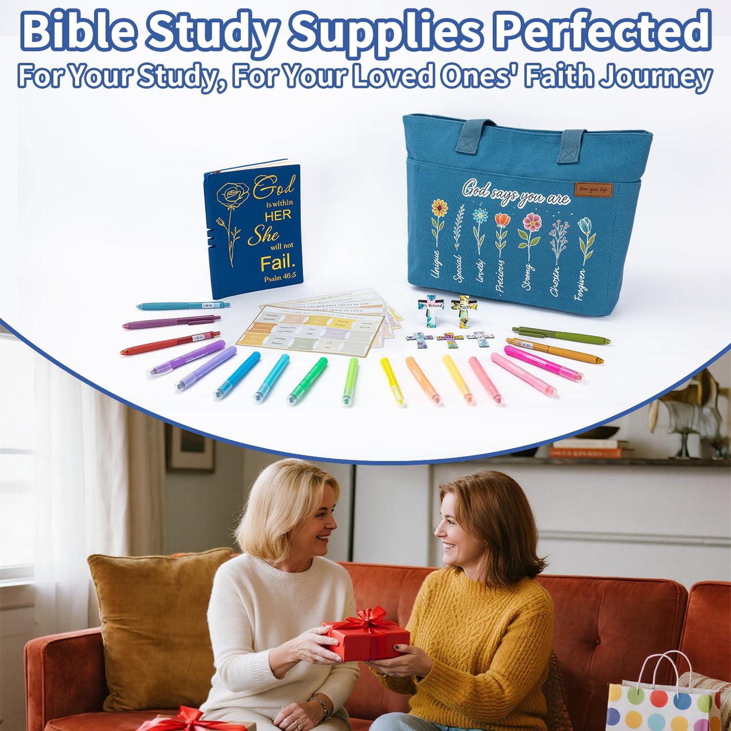 25 PCS Bible Study Supplies Kit, Large Capacity Canvas Tote Bag for Women Organizer, Bible Highlighters and Quick Dry Pens No Bleed Through, Notebook Bible Tabs Cross Bookmark Journaling Accessories