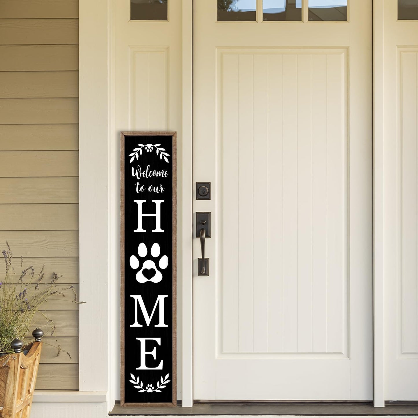 Welcome To Our Home Sign for Front Porch Standing 45X9 Farmhouse Outdoor Front Door Dog Paw Welcome Print Large Rustic Wooden Framed Long Outside Tall Vertical Hanging Decor (Wood Black)