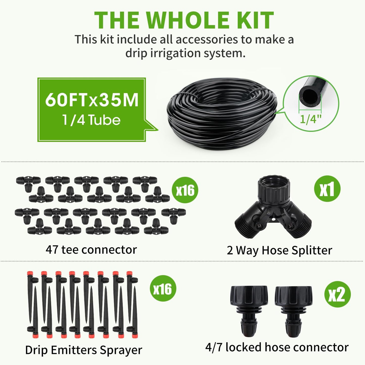 Insoma Locked Connect Drip DIY Irrigation Kit, 60ft Garden Drip Irrigation System, Automatic Micro Watering System with 4/7 inch Tubing Hose with Adjustable Nozzles for Garden Flower Bed Patio Lawn