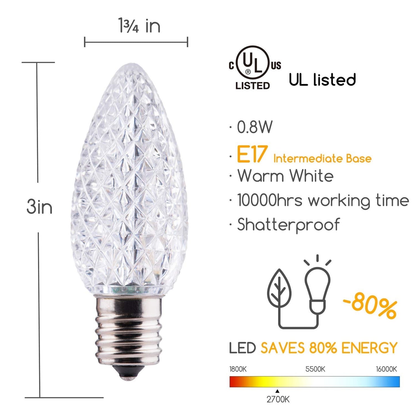 Minetom C9 LED Christmas Light Bulbs, Dimmable Warm White, 50 Pack, E17 Base for Indoor & Outdoor Holiday Decoration