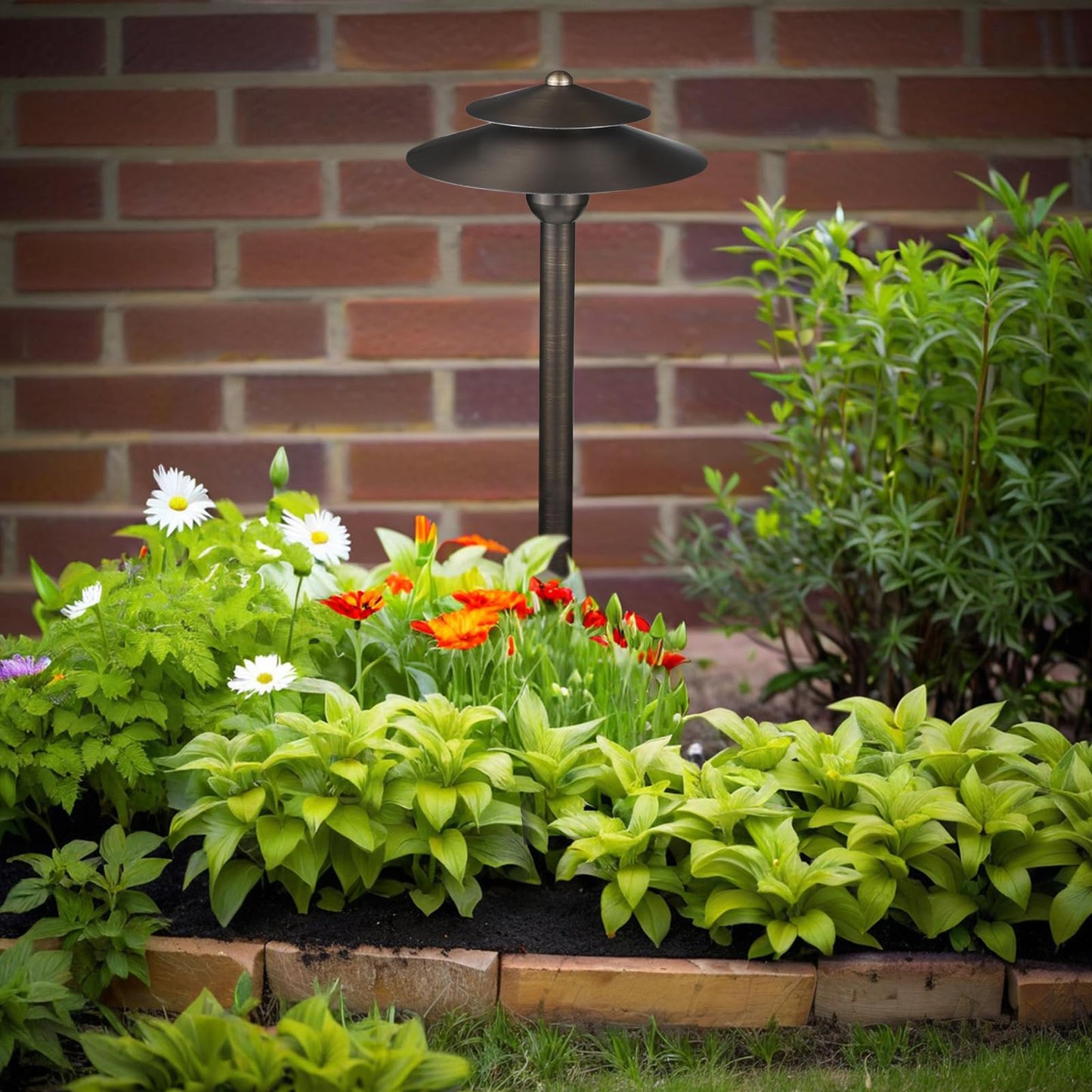DOSHINE® Solid Brass Low Voltage Landscape Lighting Pathway Lights (8.25" Shade, 22" Tall) with Replaceable 3W G4 LED Bulb 3000K AC/DC 12V and Ground Stake for Outdoor Walkway Driveway (DOU, 6-Pack)