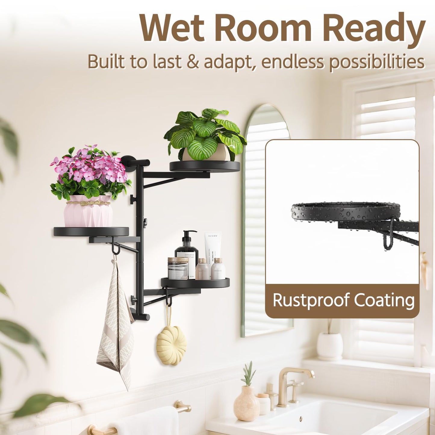 LASZOLA Rotating Plant Hangers Shelves Wall Mounted Indoor, 3 Tier Metal Window Plant Hanging Holders, Morden Floating Flower Display Stand with 2 Hooks for Kitchen Bathroom Decor, Black